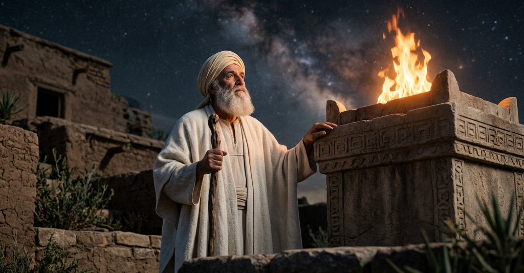 Flames leap from an ancient stone fire altar against a dark, star-filled night sky.