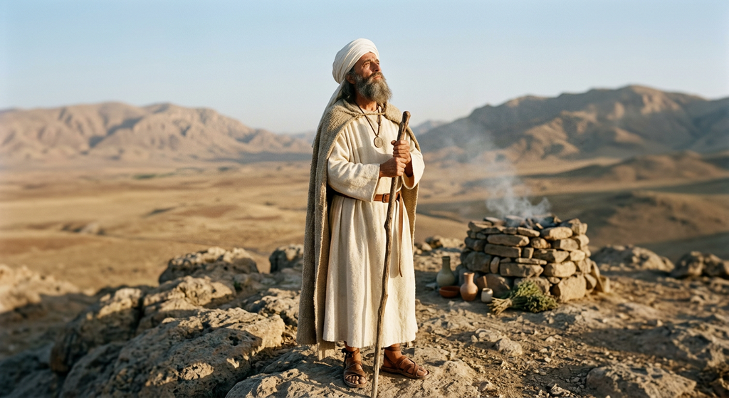 A priest in traditional robes stands on a high plateau, looking upward toward the glowing sun.