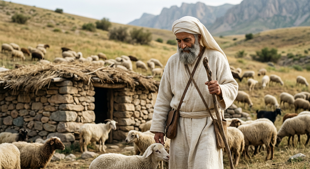 A nomad tends a flock of sheep beside a humble stone dwelling on a grassy plain.
