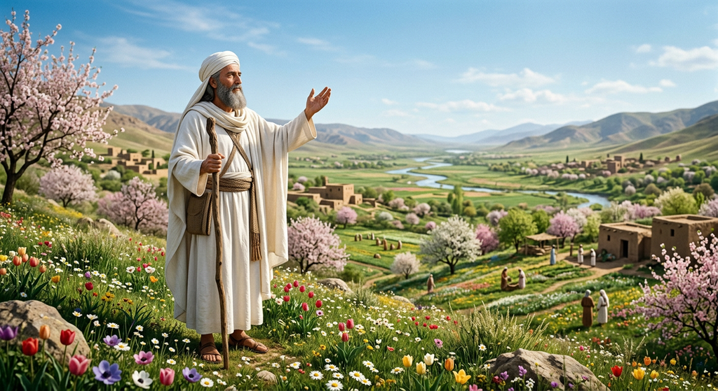 Wildflowers bloom across a lush green valley framed by distant hills under a clear blue sky.