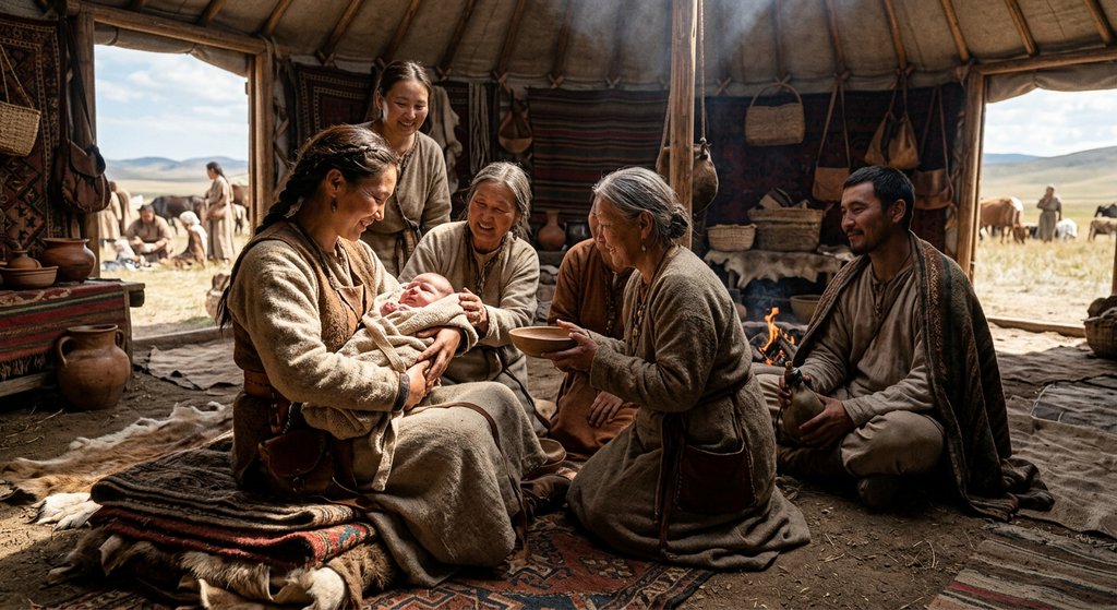 A newborn infant cradled by his mother in an ancient nomadic settlement on a sunlit plateau.