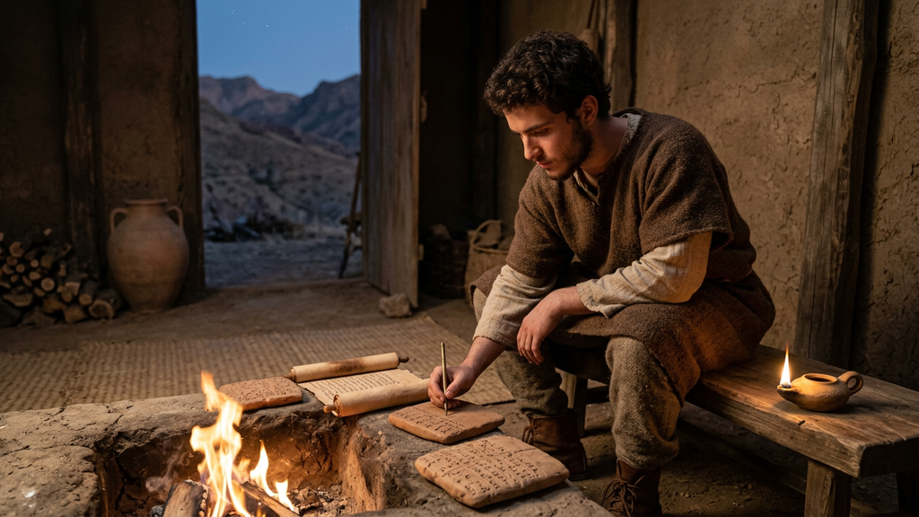 A young man in simple woolen clothing observes a sacred fire burning in an outdoor setting.