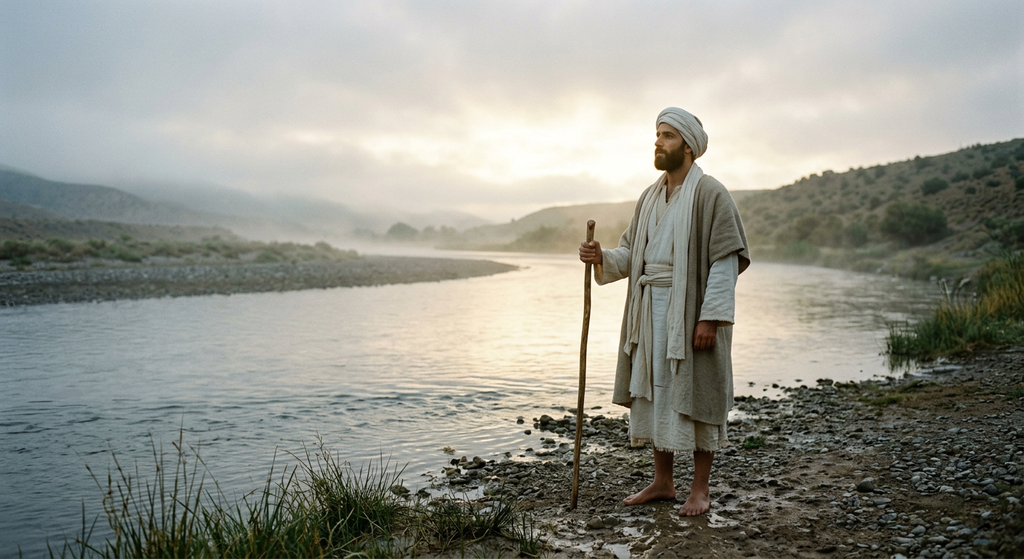 A thirty-year-old man in simple woven clothing stands on a riverbank at dawn, looking toward a brilliant light.