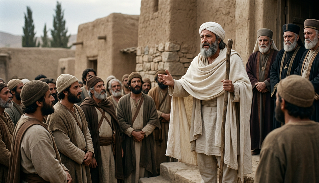 A middle-aged preacher in simple woolen garments speaks to a crowd while older priests look on with disapproval.