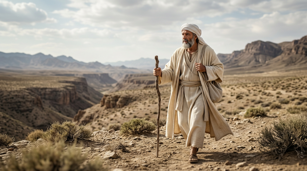 A middle-aged traveler in worn woolen clothing walks with a wooden staff through a rugged, arid mountain landscape.