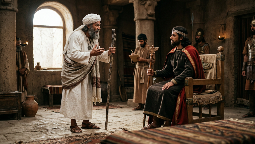 A mature prophet in woven woolen robes stands before a king seated on a simple throne in an ancient court.