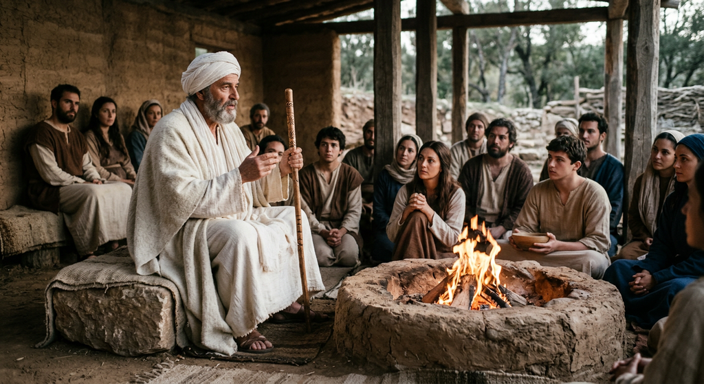 A mature priest in woven garments sits beside a sacred fire, reciting hymns to attentive followers.