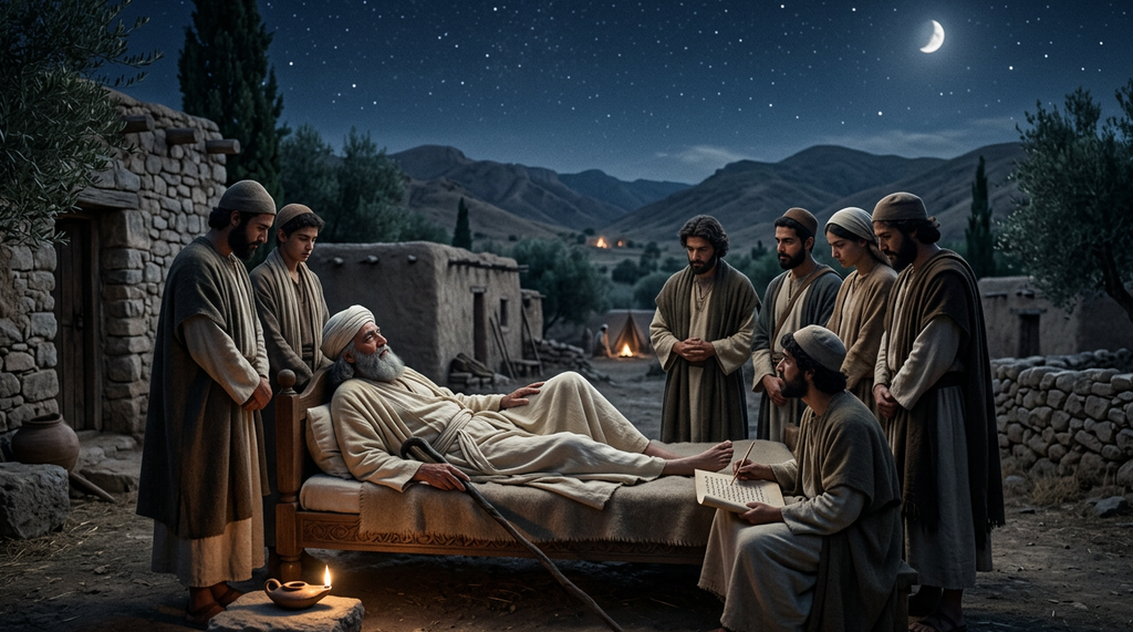 An elderly man in white robes rests under a starry night sky surrounded by devoted students.
